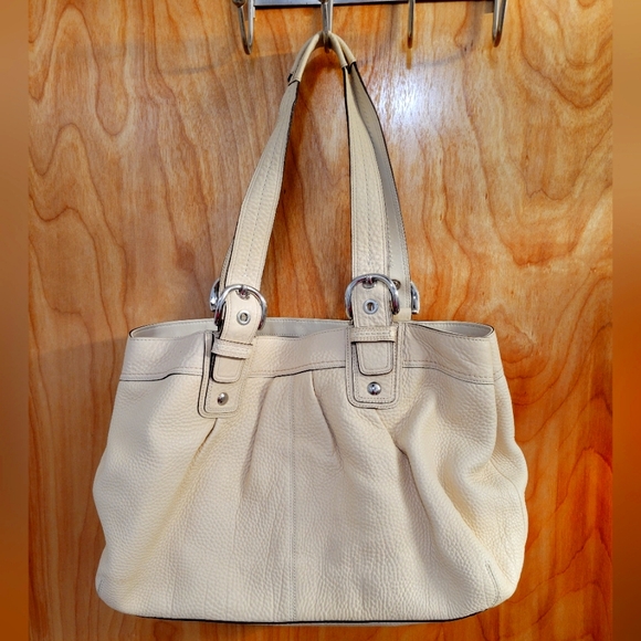 Coach Shoulder Bag F29210 Signature Leather Beige White  Coach Lg Leather Solo Pleated Beige Off White handbag